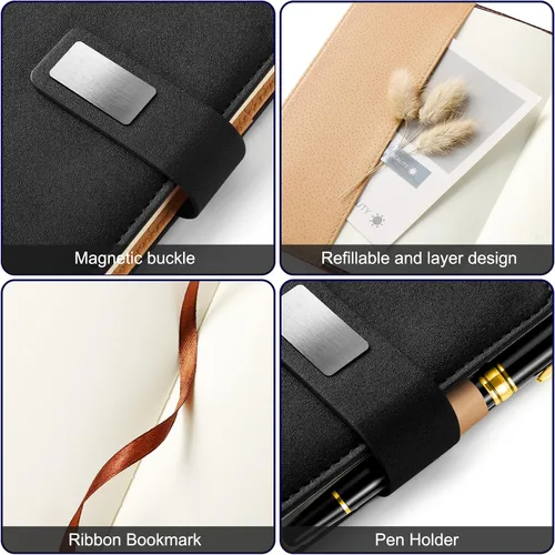 Vista 5 de Cuaderno A5 en blanco, cuaderno de bocetos de cuero de tapa dura recargable con bolsillo y hebilla magnética, 240 páginas gruesas de viaje