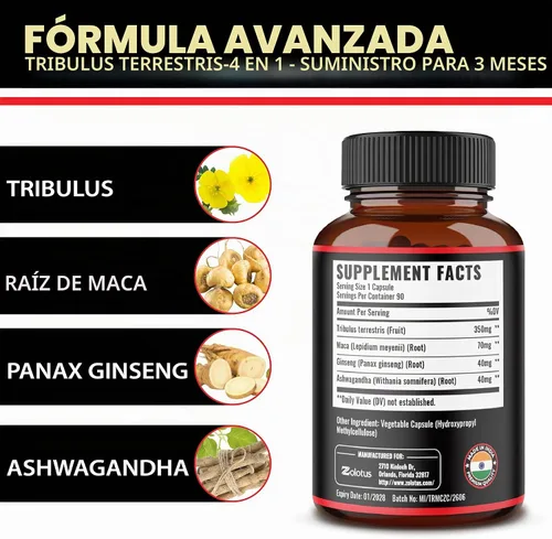 Vista 4 de Zolotus Cápsulas Premium de Tribulus Terrestris - Combinadas con Ashwagandha, Panax Ginseng y Maca - 90 Unidades para 3 Meses