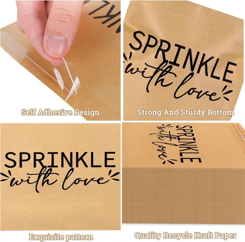 Vista 3 de AnyDesign Paquete de 100 bolsas de bufé de dulces de donas, autoadhesivas, espolvorear con amor, bolsas de papel kraft para golosinas de galletas
