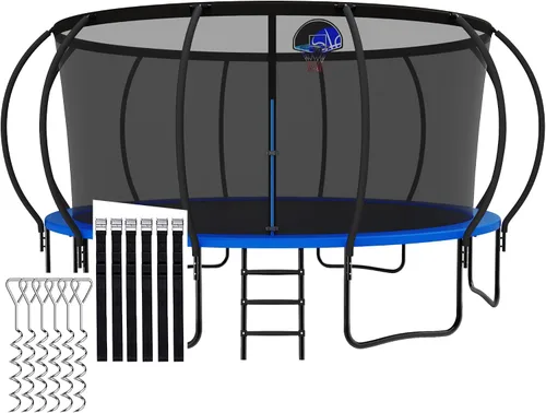 Vista 10 de Trámpolines de 1500 libras 8 10 12 14 15 16 pies para niños y adultos con red de protección, estacas para viento, aro de baloncesto, trámpolines