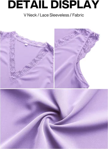 Vista 170 de VIISHOW - Camiseta sin mangas, sexy, con cuello en V y bordes de encaje para mujer, camisola de vestir, camisas de gasa, sin mangas, casuales