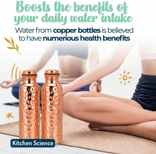 Vista 6 de Kitchen Science - Juego de 2 botellas de agua ayurvédicas de cobre puro (34 onzas) con bolsas de transporte de lona, promueve el bienestar