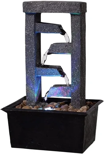 Vista 8 de GOSSI Fuente de cascada de mesa de 4 niveles de 10 pulgadas con rocas naturales de río, luces LED, función de agua interior de resina