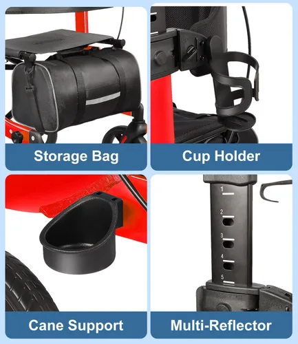 Vista 5 de Andador ligero con asiento para personas mayores, andador plegable con neumáticos grandes todo terreno a prueba de pinchazos, altura ajustable
