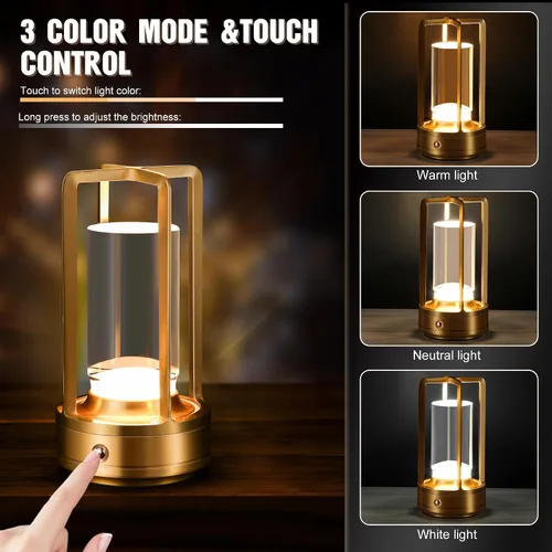 Vista 2 de Lámpara de mesa portátil de metal, lámpara de mesa inalámbrica, luces recargables alimentadas por batería, lámparas de mesa LED, atenuación continua