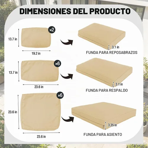 Vista 2 de 14 Piezas Fundas de Cojines para Patio Reemplazo Fundas de Cojines para Sofá de Exterior A Prueba de Salpicaduras Juego de Fundas para Sofá con Beige