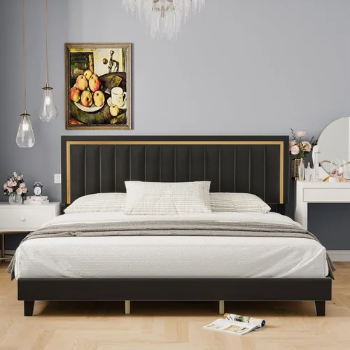 Vista 9 de Cama de plataforma tapizada de terciopelo tamaño Queen con diseño de ribete dorado, diseño sin ruido, base resistente con listones de madera, no Gris