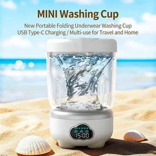 Vista 6 de Mini taza de lavandería con pantalla digital, carga USB inalámbrica, lavadora compacta de 20.3 fl oz de capacidad, material ABS, lavadora dedicada