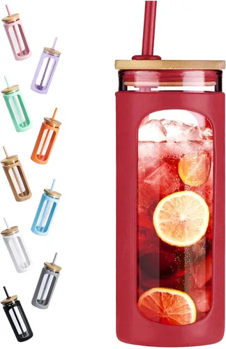 Vista 35 de Kodrine Vaso para agua de vidrio de 20 onzas con popote y tapa, botella de agua con tapas de bambú, taza para café helado, reutilizable, boca ancha