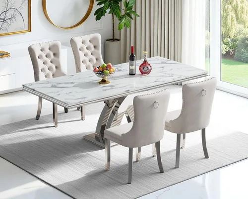 Vista 79 de Juego de 4 mesas de comedor blancas y doradas, mesa de cocina rectangular de 68 pulgadas con parte superior de mármol sintético blanco, mesa de Mesa
