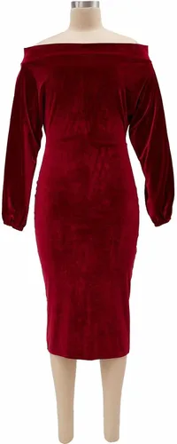 Vista 6 de Vestido Salimdy de manga larga de terciopelo altura a la rodilla ajustado hombro descubierto sexy para fiesta para mujer