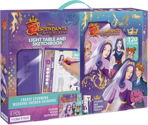Vista 2 de Make It Real - Cuaderno de bocetos de boda real de Disney Descendants con mesa de luz de trazado. Kit de dibujo y trazado de diseño de moda