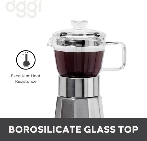 Vista 2 de Oggi Cafetera de café expreso para estufa, cafetera italiana de vidrio borosilicato de 4 tazas (4 onzas)