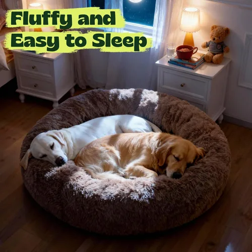 Vista 4 de Cama ortopédica con forma de dona de alta calidad para perros de tamaño grande, cama ortopédica de espuma viscoelástica doble para perros