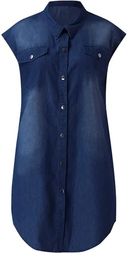 Vista 4 de Vestido de mezclilla para mujer, de manga corta, desgastado, vestido de mezclilla midi con vuelo, suelto, con botones, casual, túnica