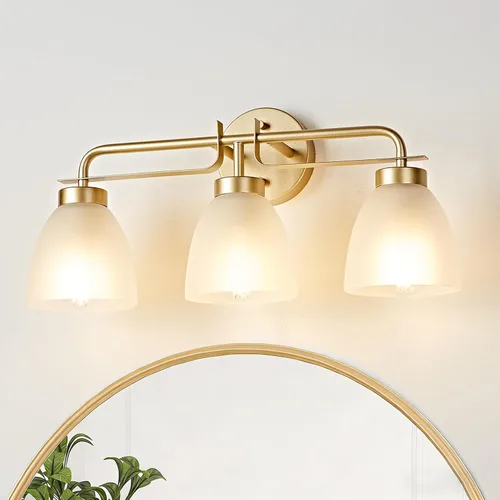 Vista 20 de Luces de tocador modernas de mediados de siglo de 16 pulgadas, lámpara dorada de 2 luces con pantallas de campana blancas esmeriladas, aplique