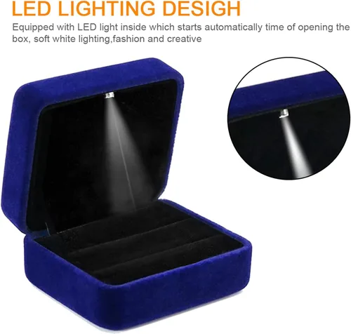 Vista 5 de Caja de anillo de terciopelo 2 ranuras con luz LED para compromiso Azul