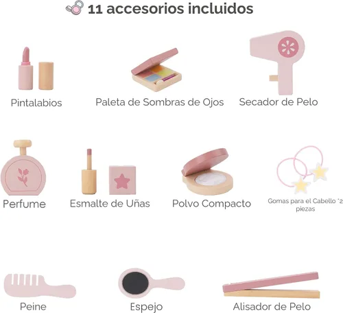 Vista 3 de Leeshyah Juego de Tocador para Niñas con Espejo de Luz de 3 Colores con Botón Táctil, Mesa de Maquillaje de Madera de Juego de Simulación con 11