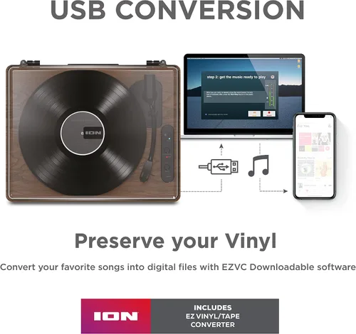 Vista 6 de ION Audio Luxe LP - Reproductor de discos de vinilo Bluetooth con altavoces, conversión USB, placa de tamaño completo, parada automática, salida