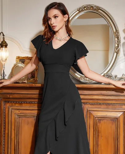 Vista 4 de Vestido formal con mangas con volantes, vestido con cuello en V, vestido largo de noche, vestido largo de fiesta de sirena, vestidos de cóctel