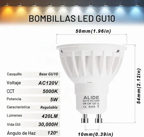 Vista 2 de ALIDE Bombillas LED GU10 regulables 5000K luz diurna blanca, bombilla de 2 Blanco luz diurna