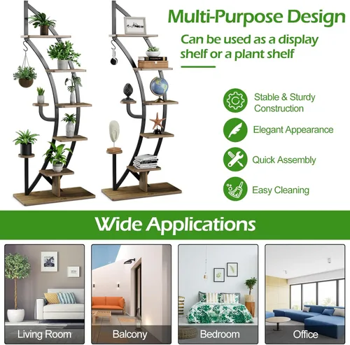 Vista 9 de Giantex Soporte de metal de 6 niveles para plantas de interior, estante de media luna de 61 pulgadas con colgador y dispositivo anticaído, soporte