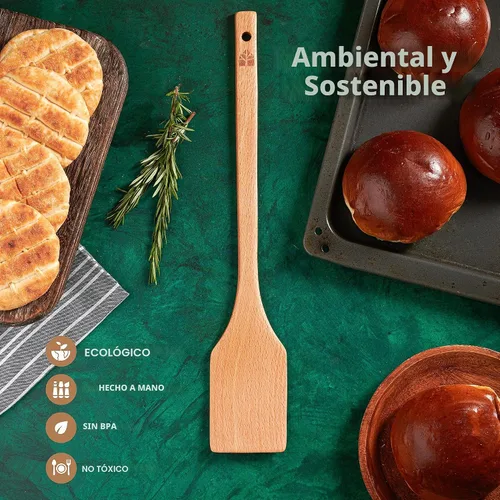 Vista 6 de Cucharón de madera largo de 17.5” – Paleta para cangrejos, espátula de madera para cocinar – Cucharón de madera de haya de mango largo para cocina