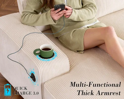 Vista 4 de PaPaJet Sofá en forma de U, sofá de gran tamaño de 112 pulgadas con diván de almacenamiento, sofá modular con portavasos y 2 puertos USB, sofá beige