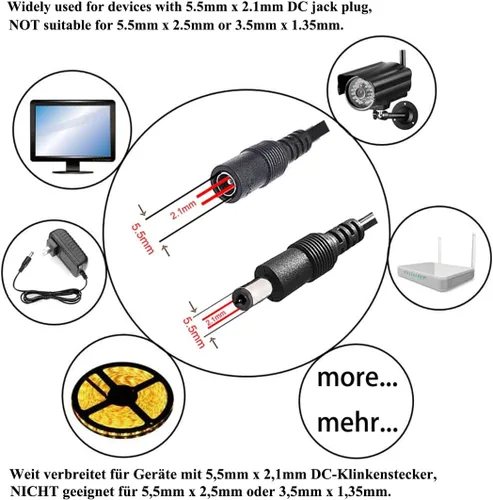 Vista 3 de Cable de extensión CC de 3.3 ft, 3.3 pies, cable de extensión de 12 V, cable de alimentación de 0.217 in x 0.083 in, adaptador de enchufe de CC