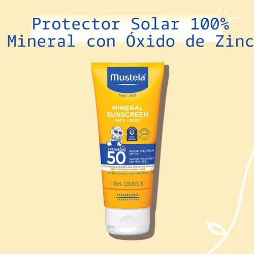 Vista 9 de Mustela Baby Mineral Sunscreen Lotion SPF 50 Loción solar de amplio espectro - Loción solar facial y corporal para pieles sensibles - Resistente al