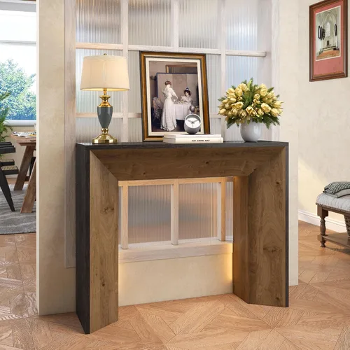 Vista 6 de Mesa consola de granja con luz LED, mesa de entrada rústica de 41 pulgadas con almacenamiento para entrada, pasillo, mesa de sofá industrial detrás