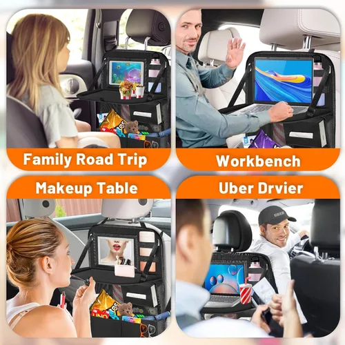 Vista 4 de Organizador de asiento trasero de automóvil con bandeja de mesa, organizador de almacenamiento de 12 bolsillos con soporte para tableta, organizador