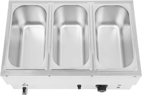 Vista 9 de DYNAMI Calentador de alimentos para bufé comercial de 110 V, mesa de vapor eléctrica grande de acero inoxidable de 3 bandejas con diseño