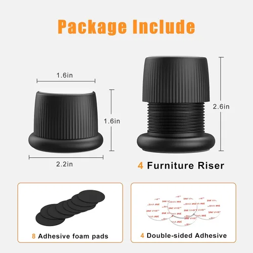 Vista 6 de Elevadores ajustables de cama para muebles, de 1.6 a 2.6 pulgadas, color negro, plástico duradero, antideslizantes, de 2 pulgadas, tapón de cabecera