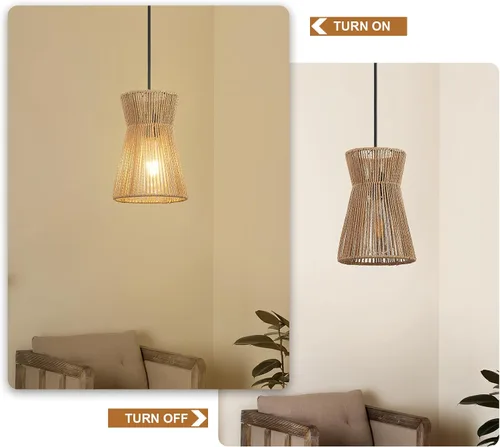 Vista 5 de Lámpara Colgante Enchufable de 15 pies con Cable, Interruptor Regulable, Lámpara Colgante de Ratán con Mimbre Tejido a Mano, Candelabro Enchufable