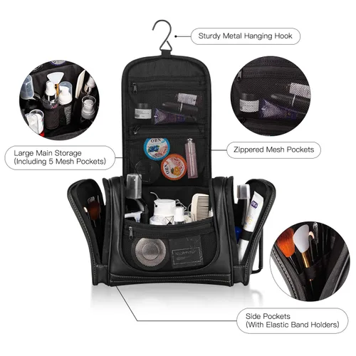 Vista 5 de MIRASON Neceser de viaje, bolsa de aseo colgante para hombres, bolsa de ducha de viaje de cuero para artículos de tocador, bolsa de baño con gancho