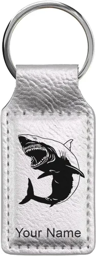 Vista 31 de Llavero rectangular, gran tiburón blanco, grabado personalizado incluido, Bambú