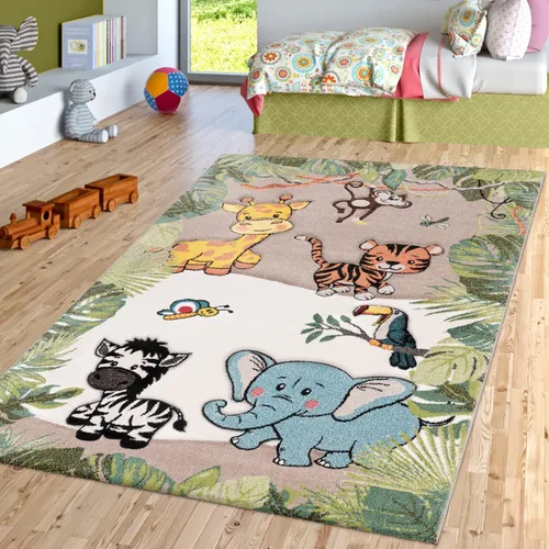 Vista 10 de Paco Home Alfombra de guardería para niños, animales de la selva, locomotora, efecto 3D, color verde crema, tamaño: 4' x 5'7" Crema-verde