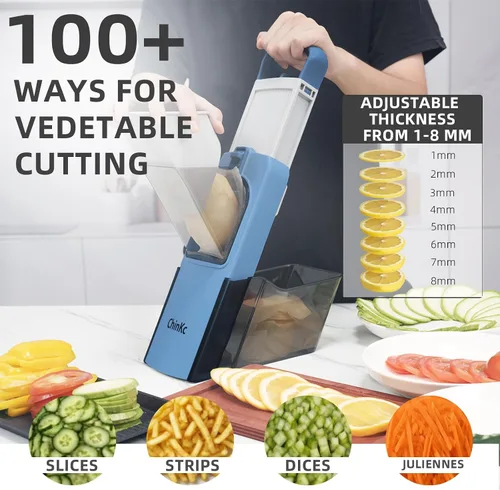Vista 3 de Cortador de mandolina seguro mejorado para cocina, picador de alimentos vegetales ajustable, cebolla, papas fritas, ensalada de verduras juliana +