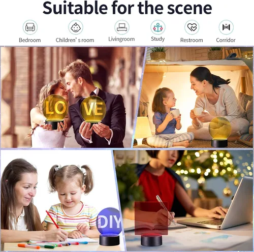 Vista 6 de Honoson 4 Piezas Bases de Lámpara LED Nocturna 3D con 4 Piezas Láminas de Acrílico Transparente Control Remoto Cable USB Ajustable 16 Colores 4
