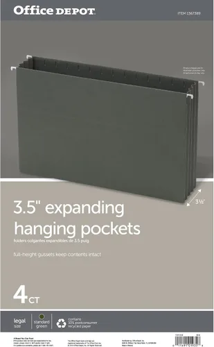 Vista 2 de Office Depot® - Bolsillo para archivos colgantes con refuerzos de altura completa, expansión de 3 1/2 pulgadas, tamaño legal, verde estándar