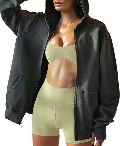 Vista 2 de Cosonsen Sudaderas con capucha y cremallera para mujer, ropa Y2K, chaquetas de forro polar con bolsillos
