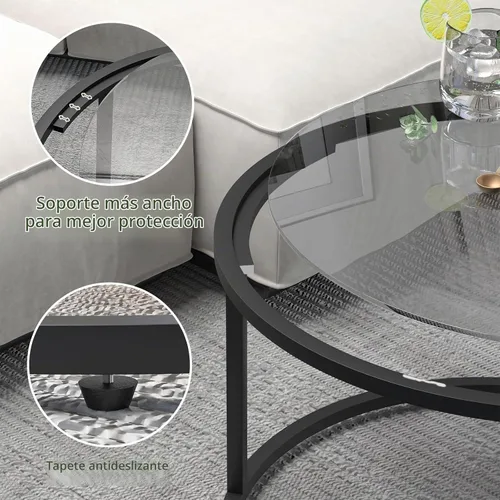 Vista 3 de Mesa de café redonda, pequeña mesa de café negra para sala de estar, mesa central moderna de 27" con tapa de vidrio transparente y marco de metal