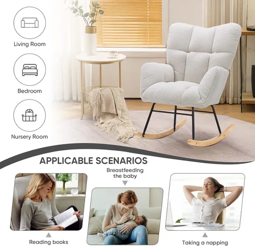 Vista 8 de Silla mecedora de terciopelo de peluche, sillón mecedora con carga para guardería, cómoda silla auxiliar para sala de estar, dormitorio