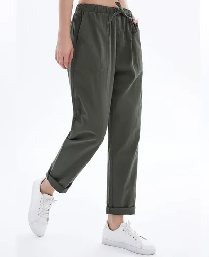 Vista 2 de Pantalones de lino para mujer para verano, con cordón, suaves, recortados, de algodón, cintura elástica
