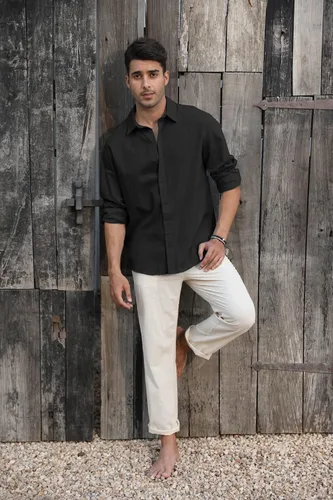 Vista 3 de Runcati Mens Button Down Shirt Linen Cotton Shirts Casual Long Sleeve Tops 01 Negro