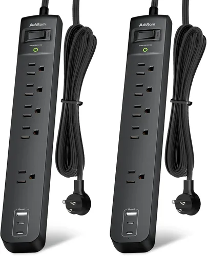 Vista 9 de Paquete de 2 Regletas Cortas con Protector de Sobretensiones - Addtam Regleta USB C, Cable de Extensión Plano de 3 pies con 5 Enchufes Ampliamente