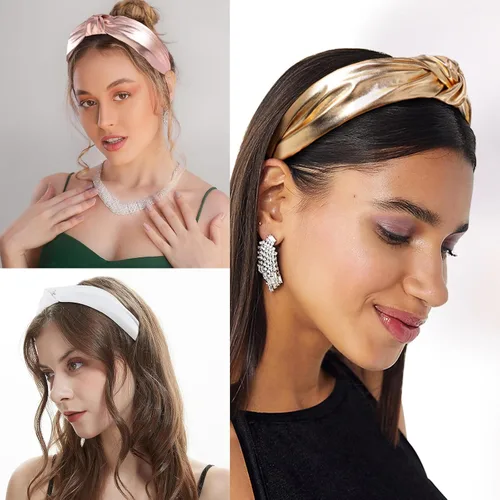 Vista 4 de Drnytunk Paquete de 4 diademas anchas anudadas para mujeres y niñas, lindas envolturas para la cabeza en color sólido, accesorios antideslizantes