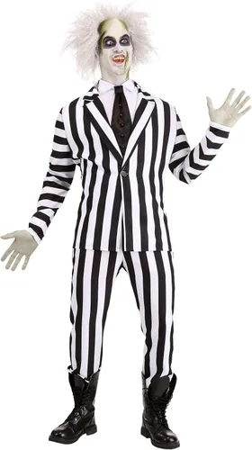 Vista 2 de Disfraz de Beetlejuice de talla grande para adultos, traje de rayas blancas y negras para cosplay de películas de los años 80 y 90 y Halloween