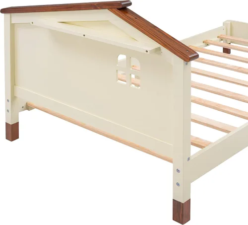 Vista 7 de Cama de plataforma de madera de tamaño individual con cabecera en forma de casa, soporte de listones de madera, para dormitorio de niños, niñas